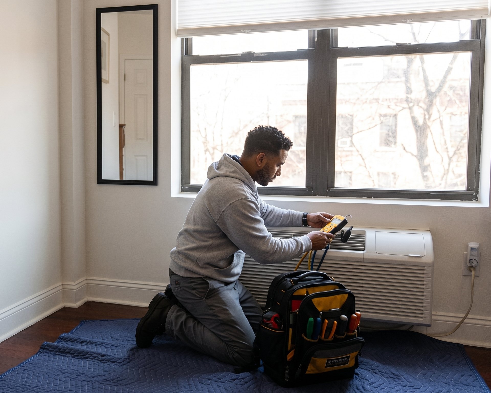 Service Right HVAC technician running diagnostics on a wall unit in Boston