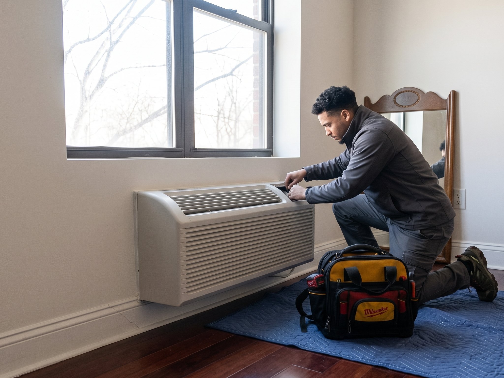 Service Right technician servicing an air conditioning unit in a Boston home
